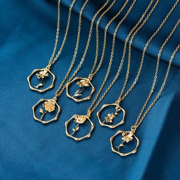 Gold Necklace for Women Layered Birth Flower Necklaces 18K Gold Plated Custom Bi - Picture 7 of 7